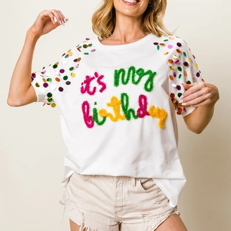 BiBi Metallic Letter Spangle Raglan Puff Sleeve Top