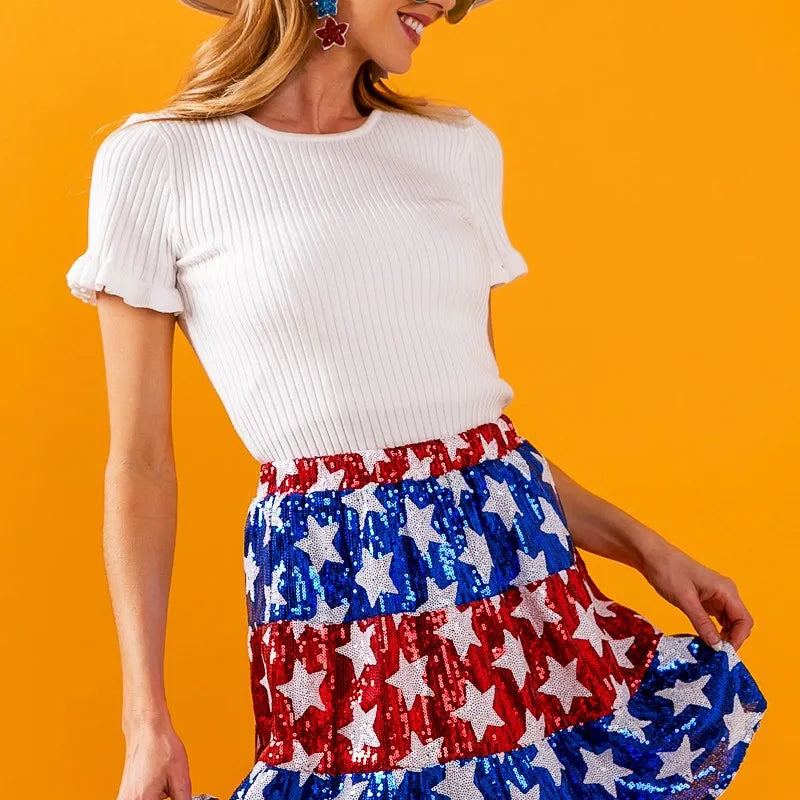 BiBi American Flag Theme Star Sequin Tiered Skirt