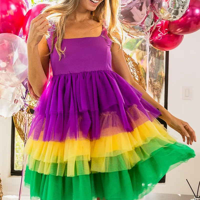 BiBi Mardi Gras Color Block Layered Mesh Tiered Dress
