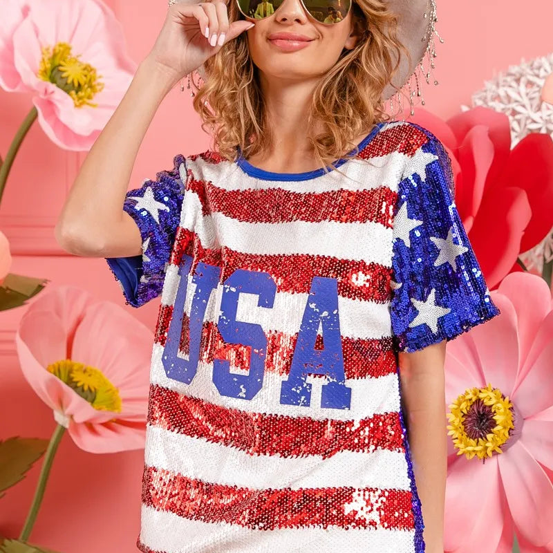 BiBi American Flag Theme USA Lettering Sequin Top
