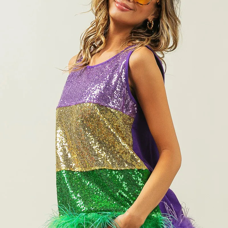 BiBi Mardi Gras Color Block Faux Feather Hem Sequin Top