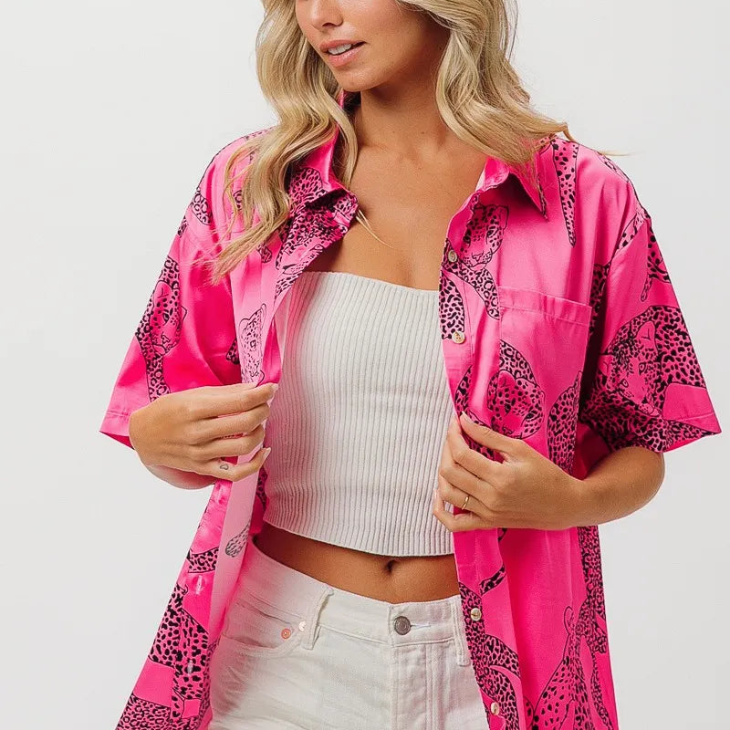 BiBi Leopard Print Short Sleeve Silky Satin Shirt Top