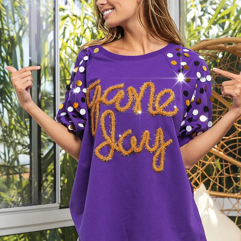 BiBi Game Day Metallic Letter Spangle Sleeve Top