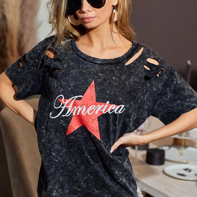 BiBi Laser Cut Mineral Washed Jersey Top with  America in Black