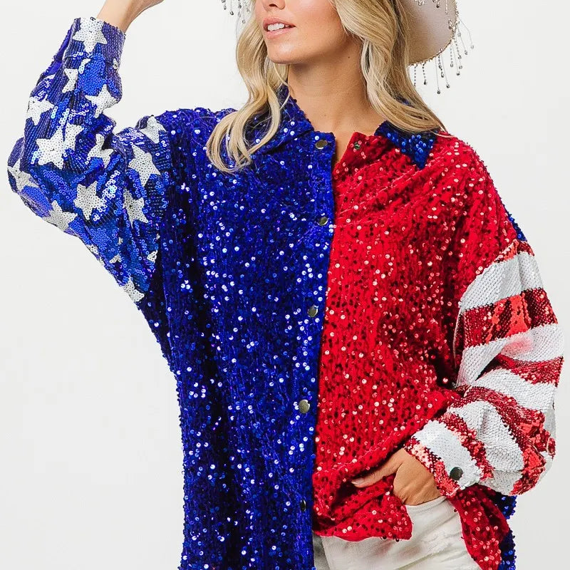 BiBi American Flag Sequin Snap Down Shirt