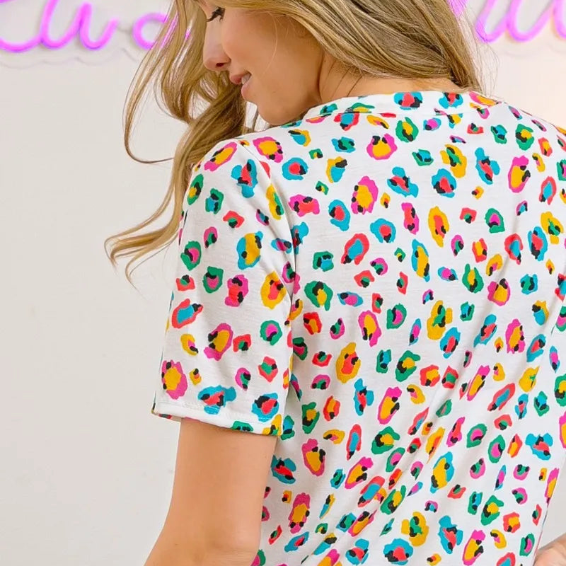 BiBi Multi Color Leopard Jersey Shirred V Neck Top