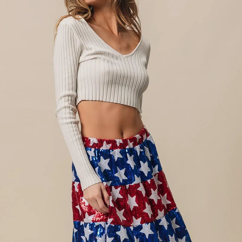 BiBi American Flag Theme Star Sequin Tiered Skirt