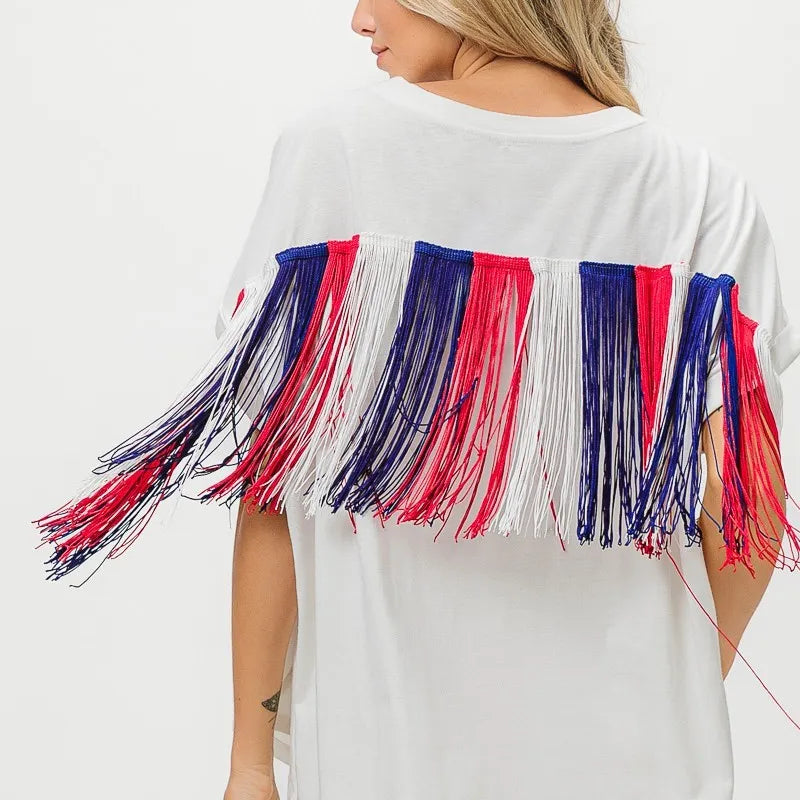 BiBi American Flag Sequin Star Fringe Top