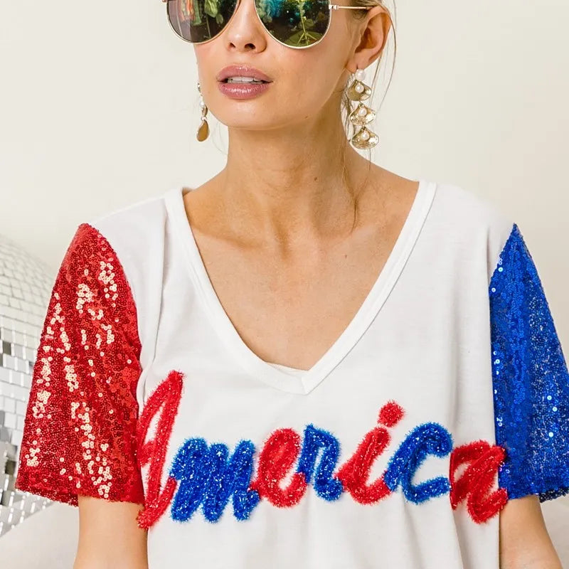 BiBi Metallic Letter V-neck Sequin Sleeves Top in Cream