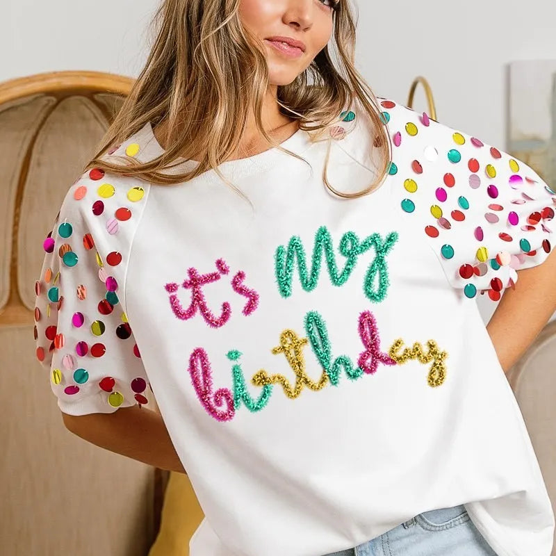 BiBi Metallic Letter Spangle Raglan Puff Sleeve Top