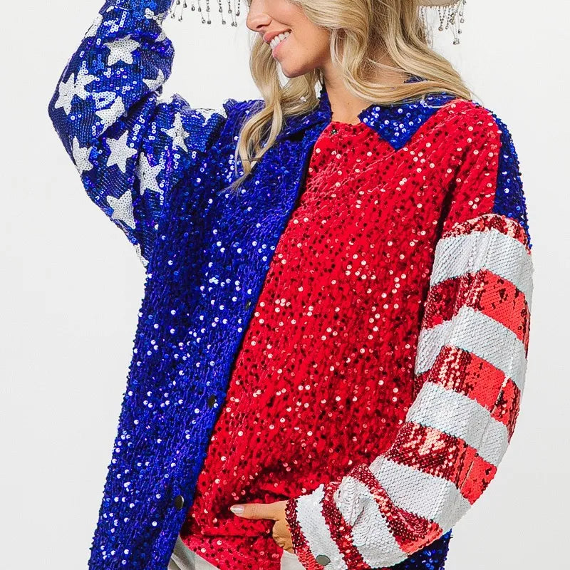 BiBi American Flag Sequin Snap Down Shirt