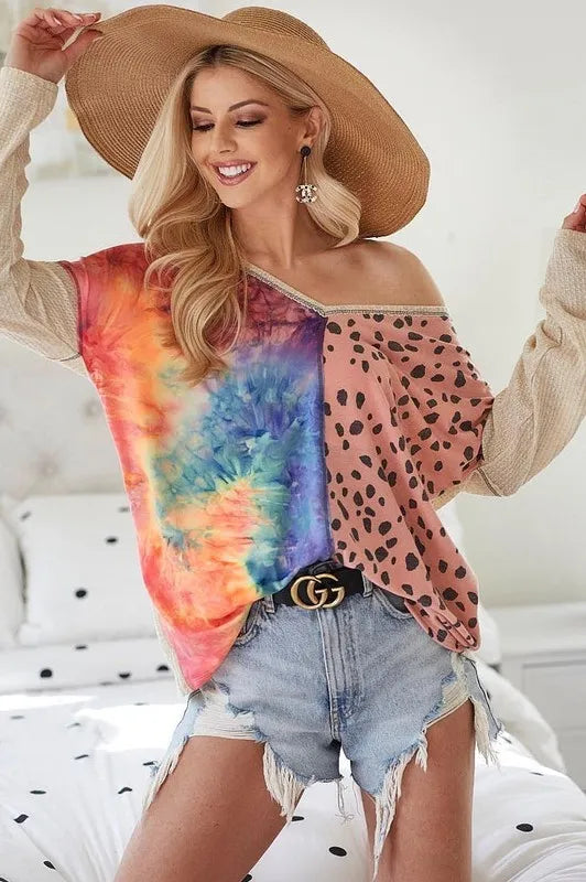 BiBi Print Block V Neck Top with Contrast Stitching