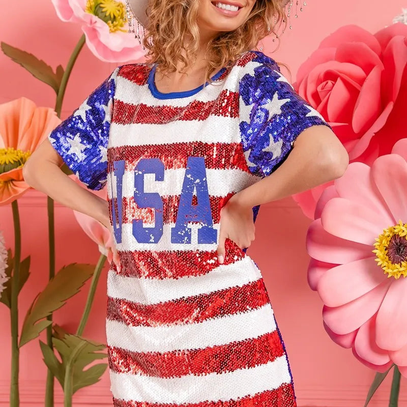BiBi American Flag Theme Usa Print Sequin Dress