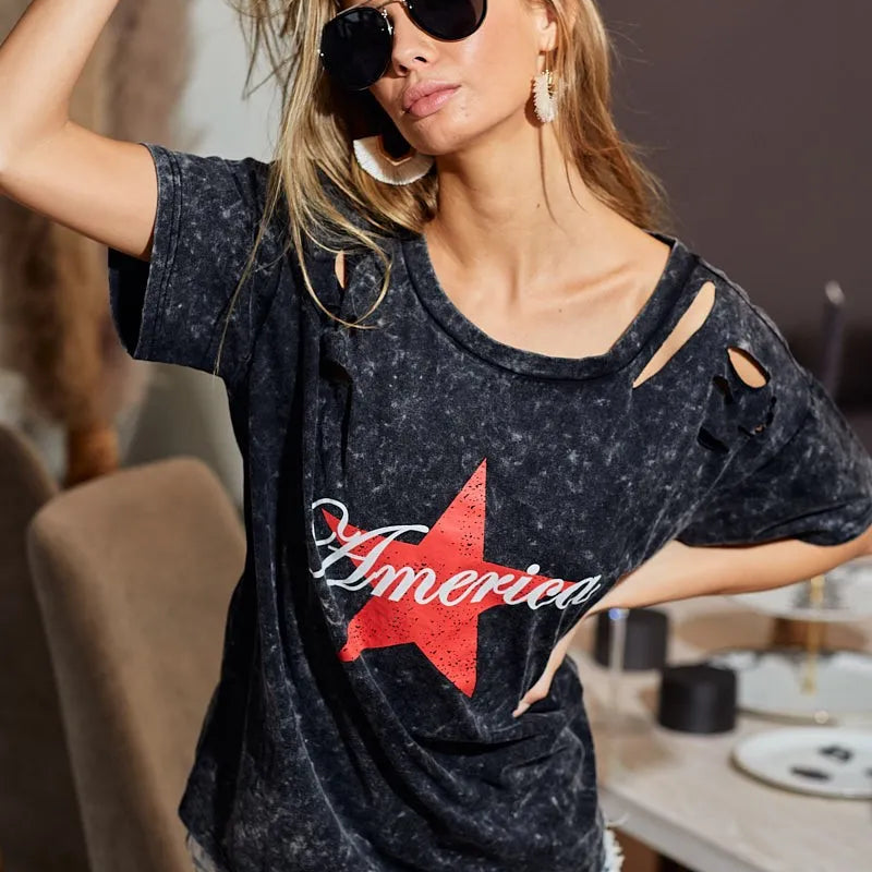 BiBi Laser Cut Mineral Washed Jersey Top with  America in Black