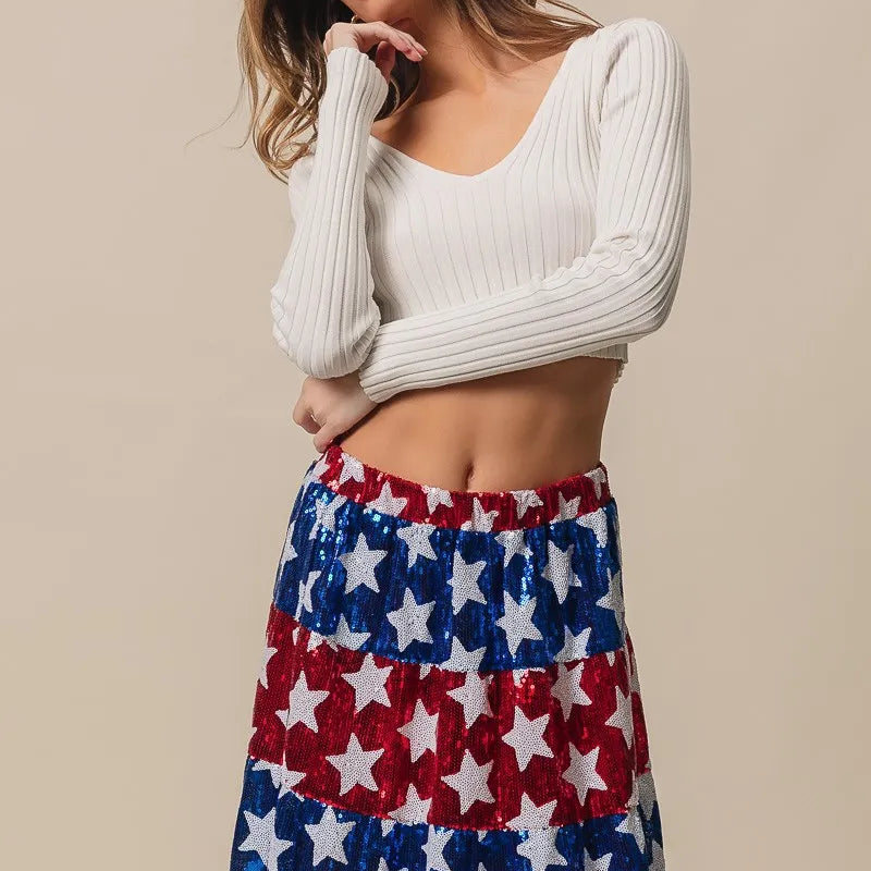 BiBi American Flag Theme Star Sequin Tiered Skirt