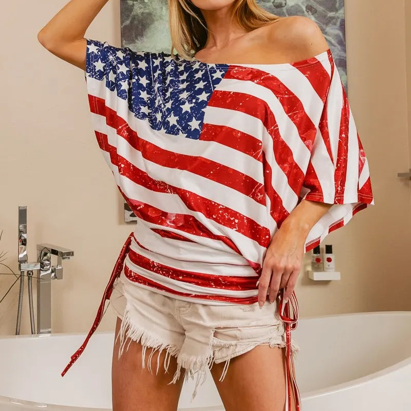 BiBi American Flag Printed Side Ruched Details Knit Top