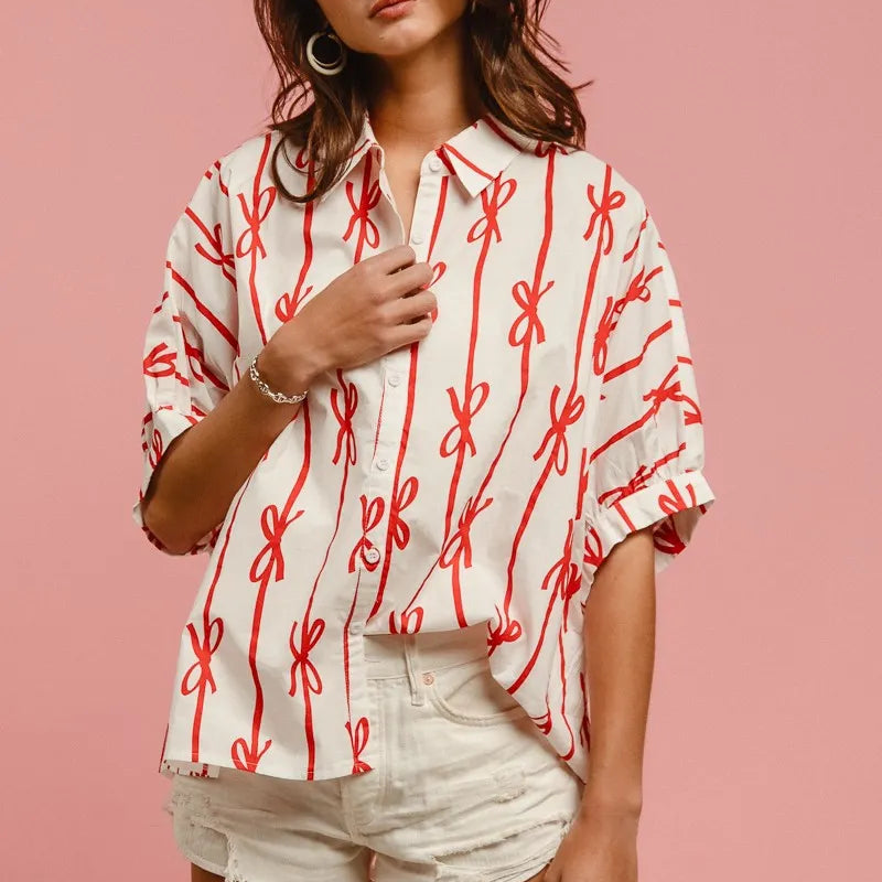 BiBi Bow Ribbon Woven Printed Button Down Shirt