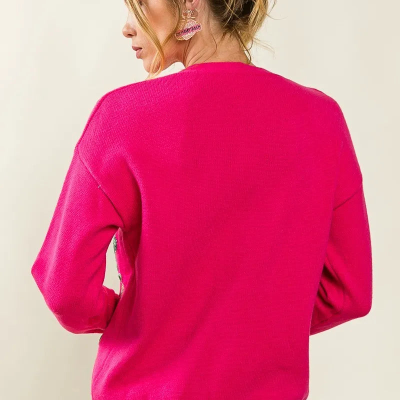 BiBi Front Tiger Sequin Patch V-neck Sweater Cardigan