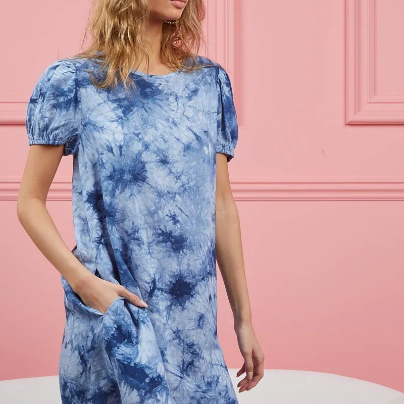 BiBi Puff Sleeve With Side Pockets Tie Dye Dress