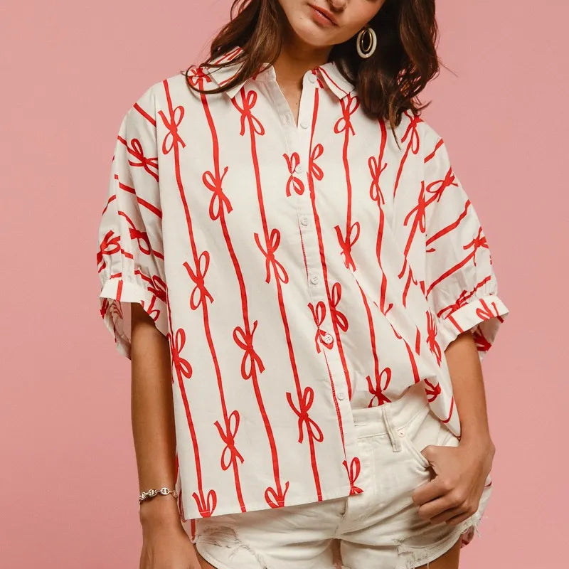 BiBi Bow Ribbon Woven Printed Button Down Shirt