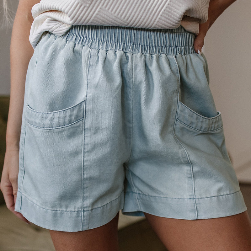 Bianca Light Wash Pocketed Wide Leg Shorts