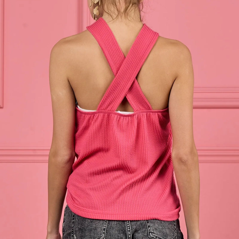 BiBi Lace Knit with Cut Out And Cross Neck Banded Top