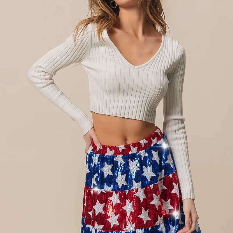 BiBi American Flag Theme Star Sequin Tiered Skirt