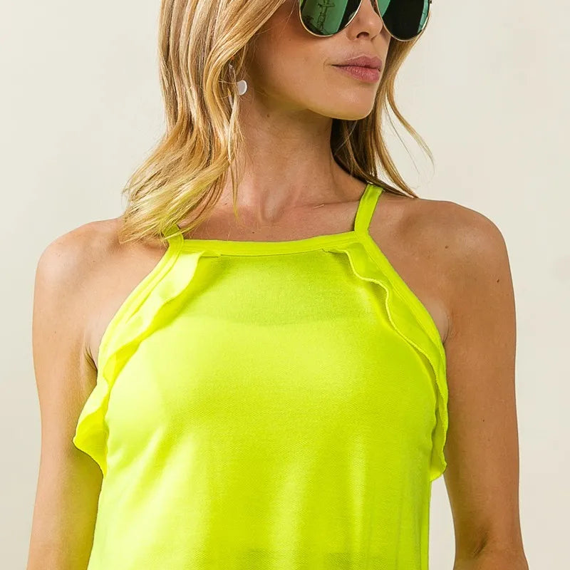 BiBi French Terry Knit Ruffled Detail Sleeveless Top