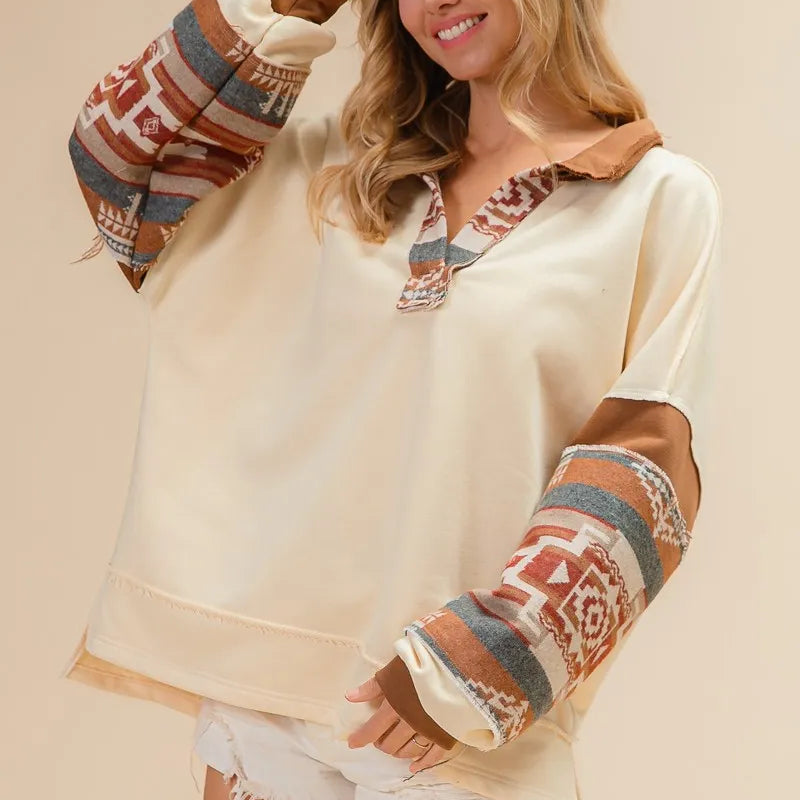 BiBi French Terry Knit and Aztec Print Mixed Top