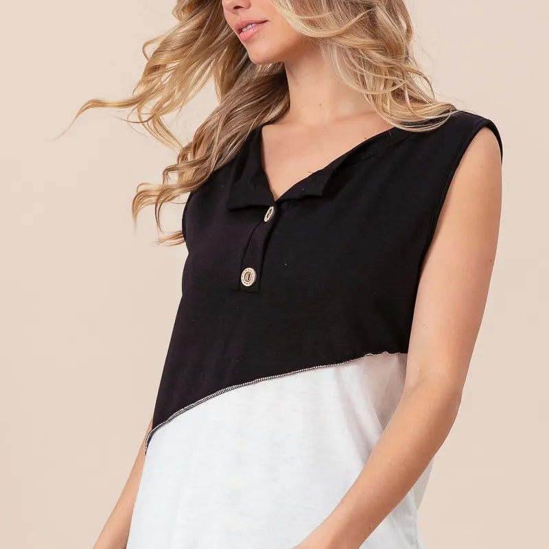 BiBi Color Block Contrast Stitching Buttoned Henley Top