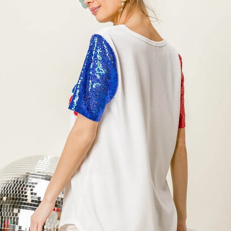 BiBi Metallic Letter V-neck Sequin Sleeves Top in Cream