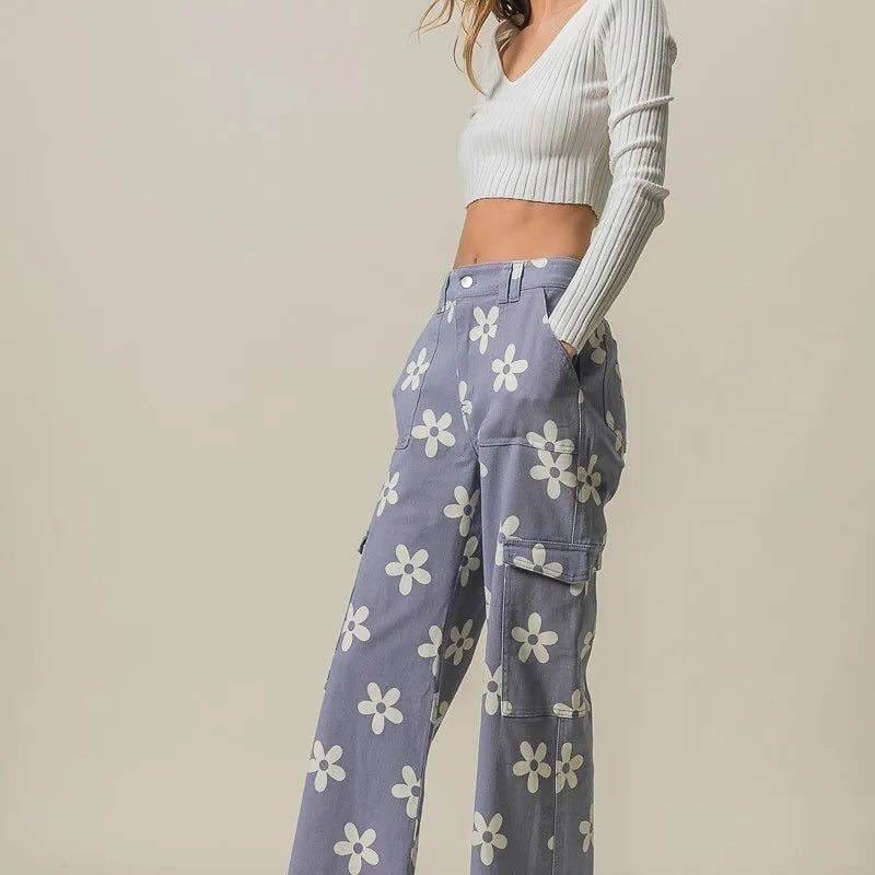 BiBi Flower Printed Side Pocket Wide Pants