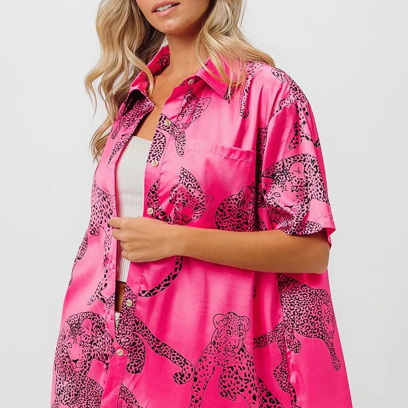 BiBi Leopard Print Short Sleeve Silky Satin Shirt Top