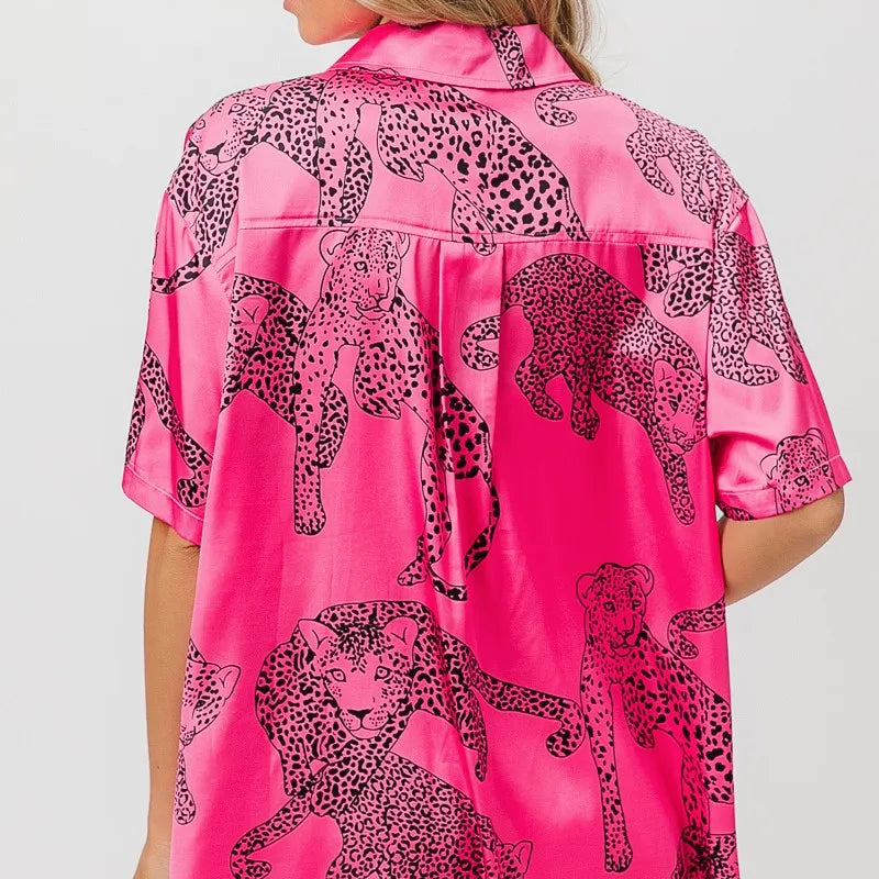 BiBi Leopard Print Short Sleeve Silky Satin Shirt Top