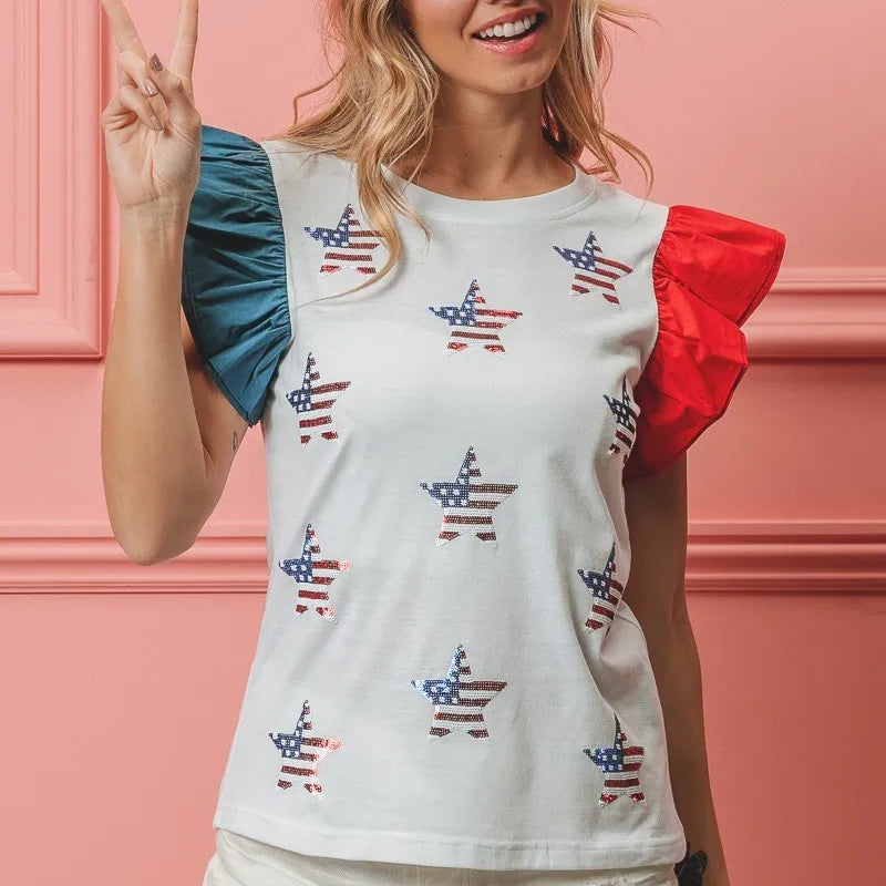 BiBi American Flag Sequin Stars Top