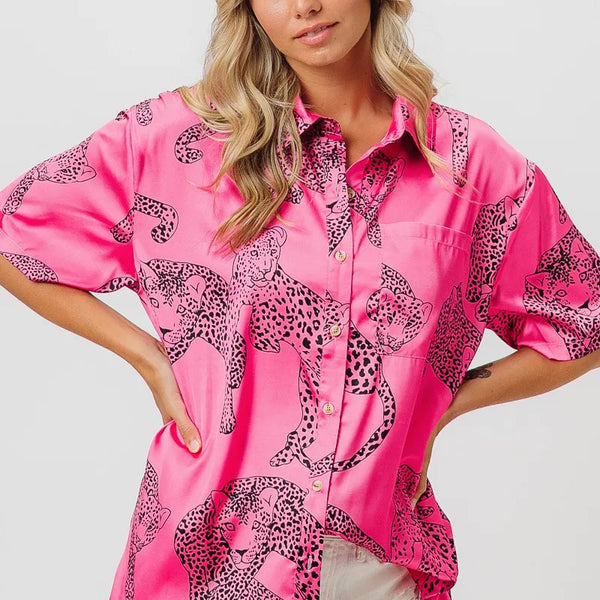 BiBi Leopard Print Short Sleeve Silky Satin Shirt Top