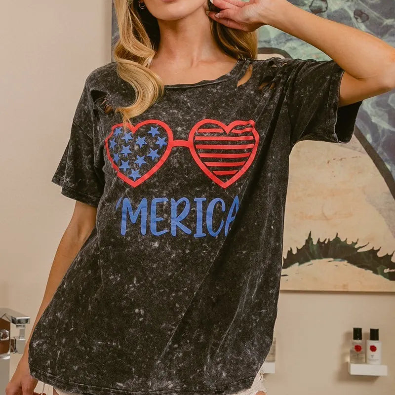 BiBi 4th Of July Theme Mineral Washed Laser Cut Top