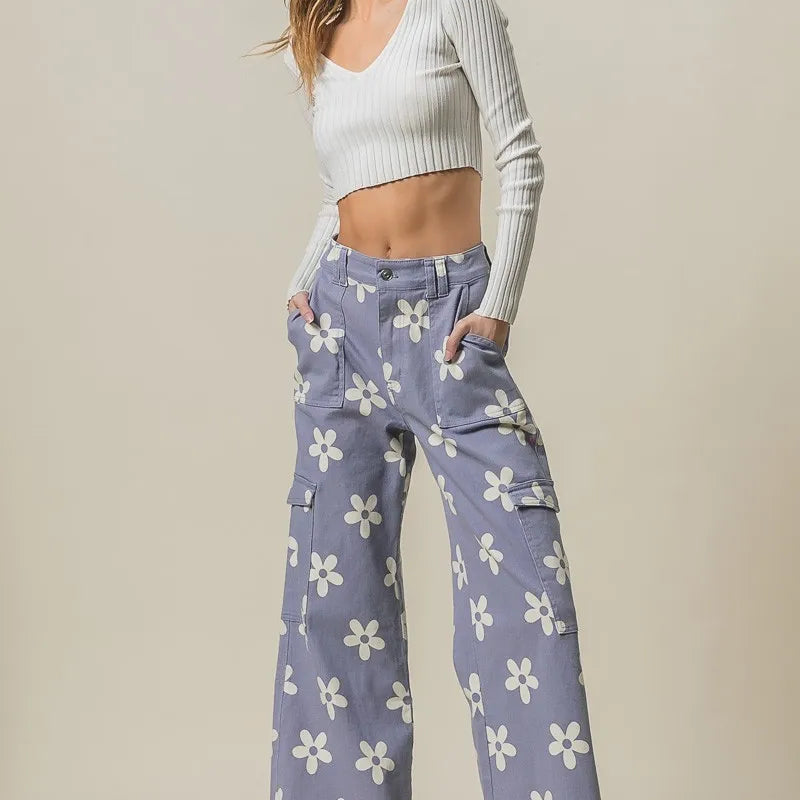 BiBi Flower Printed Side Pocket Wide Pants