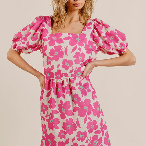 BiBi Printed Square Neck Puff Sleeve Mini Dress