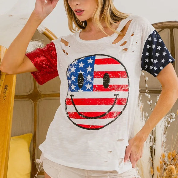 BiBi Fourth Of July Top With Laser Cut And Smile Face