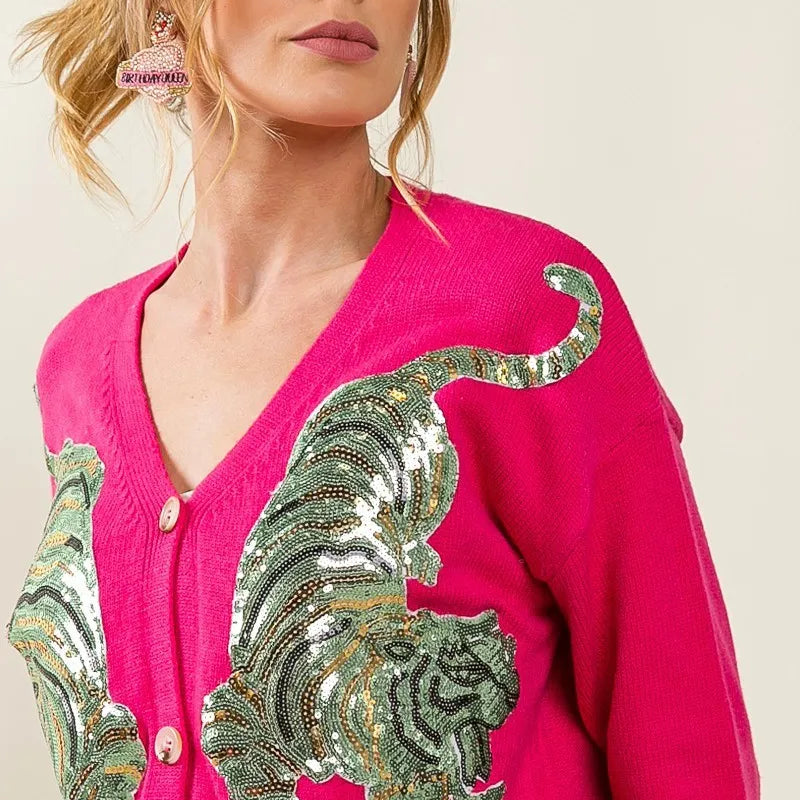 BiBi Front Tiger Sequin Patch V-neck Sweater Cardigan