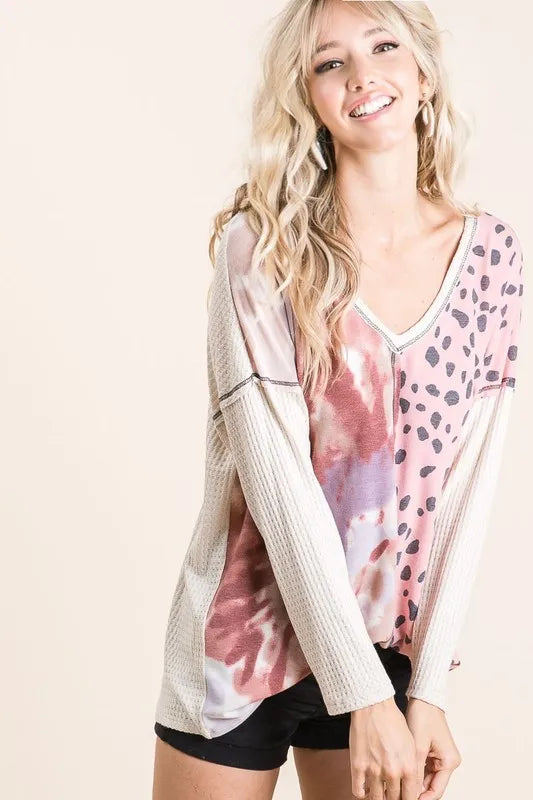 BiBi Print Block V Neck Top with Contrast Stitching