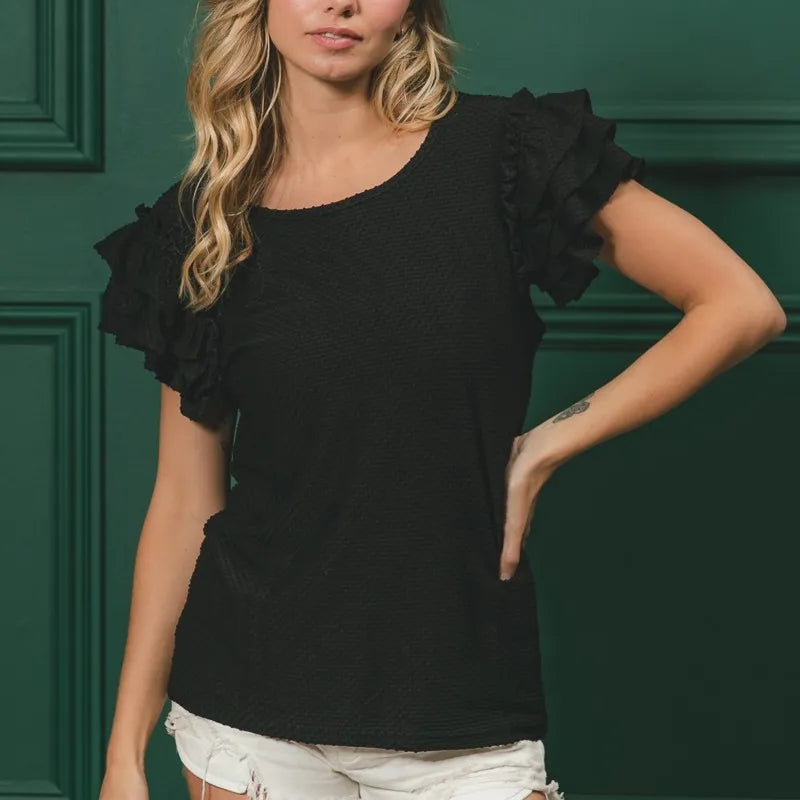 BiBi Birdseye Texture Layered Ruffle Top in Black