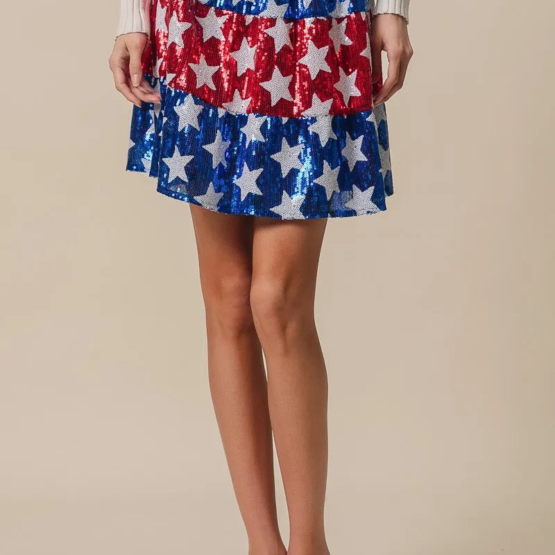 BiBi American Flag Theme Star Sequin Tiered Skirt