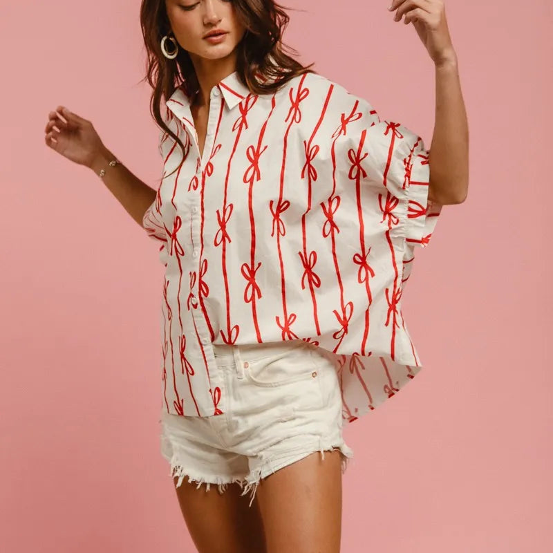BiBi Bow Ribbon Woven Printed Button Down Shirt
