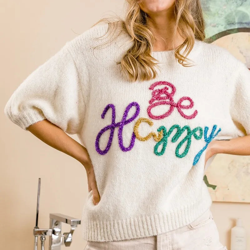 BiBi Metallic Letter Short Puff Sleeve Hairy Sweater in Ivory
