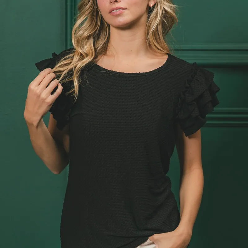 BiBi Birdseye Texture Layered Ruffle Top in Black