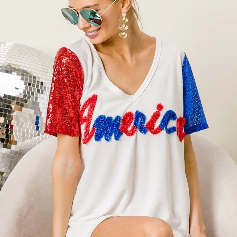 BiBi Metallic Letter V-neck Sequin Sleeves Top in Cream