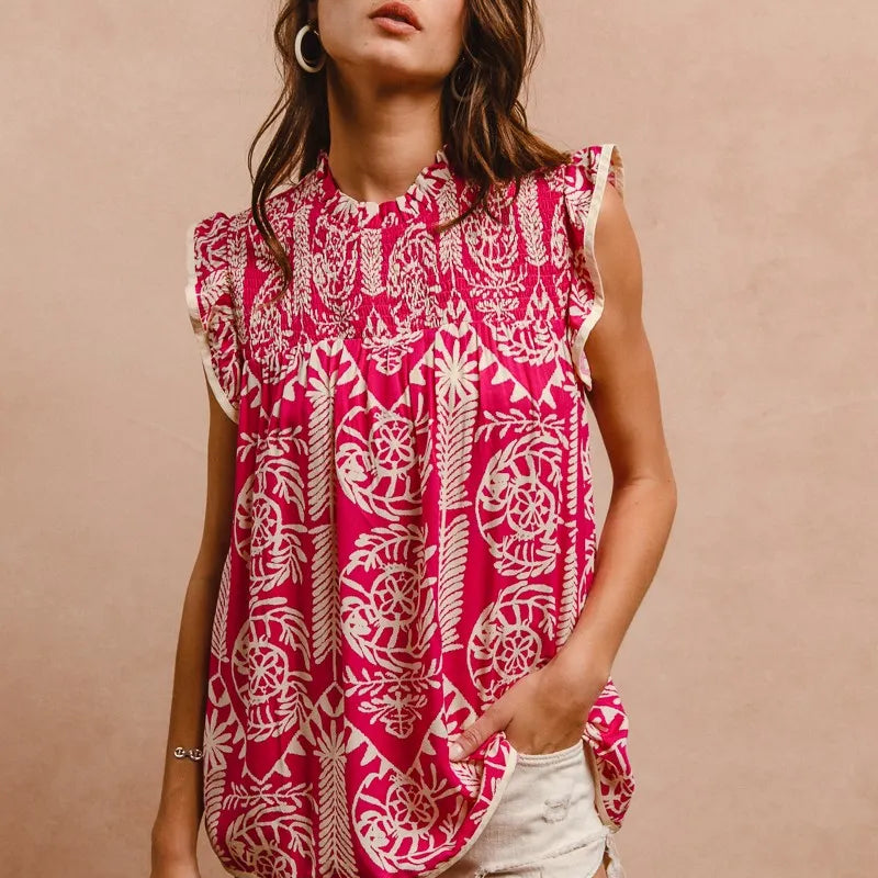 BiBi Printed Ruffle Sleeve Top