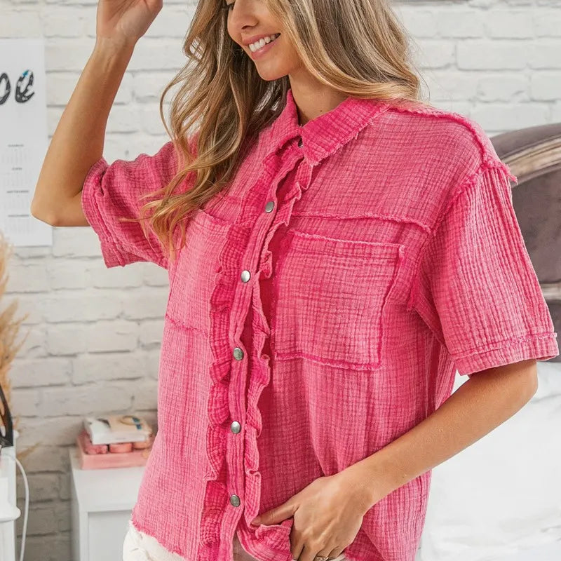 BiBi Mineral Washed Wrinkle Gauze Raw Edge Shirt Top